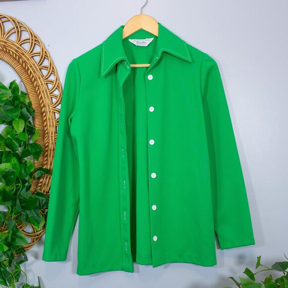 Bright Green Button Down Blouse Retro Classic Statement Top | Bright Spring - Picture 6 of 6